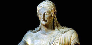 Apollo di Veio, 510 a.C., terracotta dipinta, h 180 cm. Roma, Museo Nazionale Etrusco di Villa Giulia (dal Tempio di Minerva a Portonaccio)